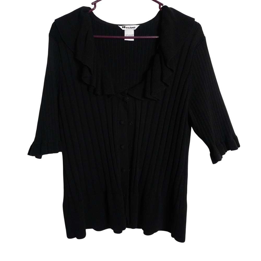 Vitnage Y2K Nygard Cardigan Size L Knit Ribbed Ruffle Collar Button Front Black